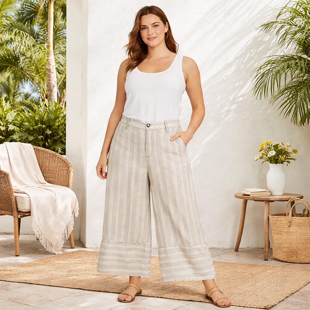 Marrakech Size 29 Beige Striped Wide Leg Linen Blend Cropped Pants